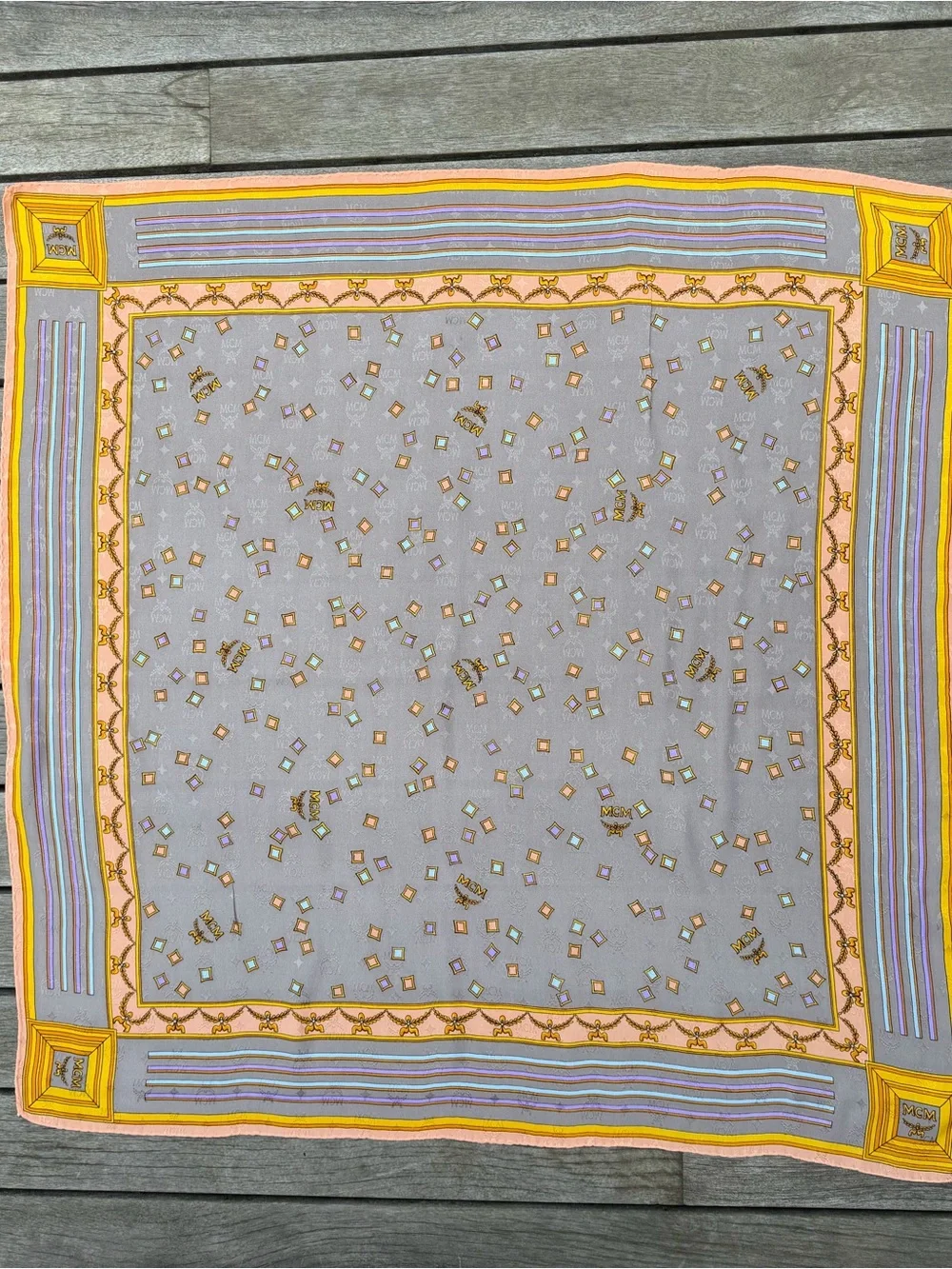 MCM Monogram Silk Scarf Gray Pink Yellow Logo Square Luxury Designer